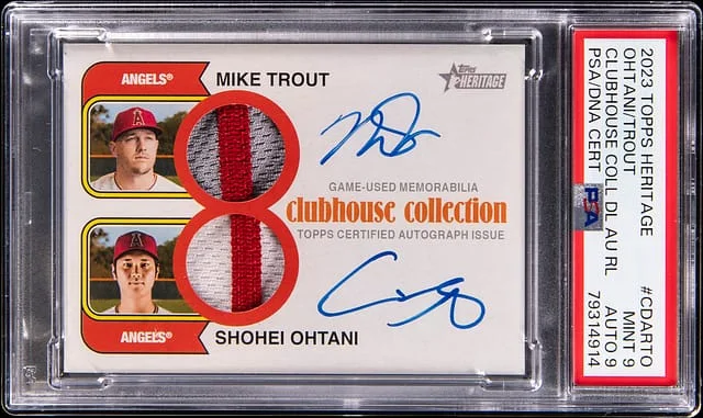 2023 Topps Heritage Mike Trout/Shohei Ohtani Clubhouse Collection Dual Autograph Relic #CDAR-TO card image