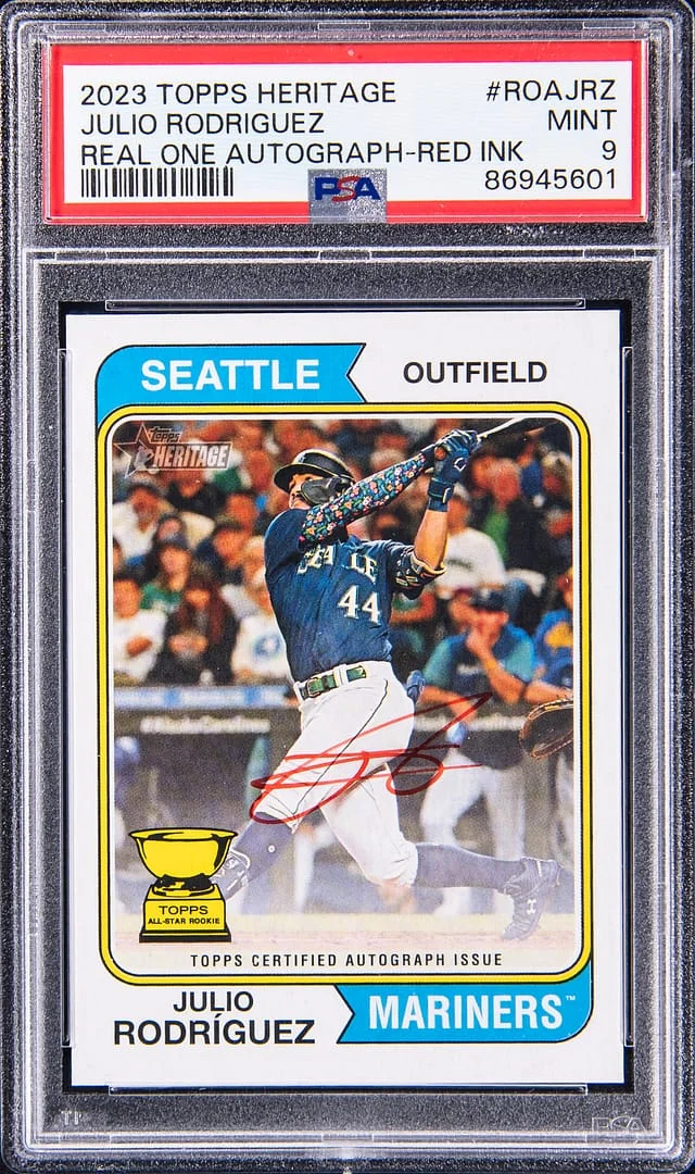 2023 Topps Heritage Real One Julio Rodriguez Autograph Red Ink #ROA-JRZ card image