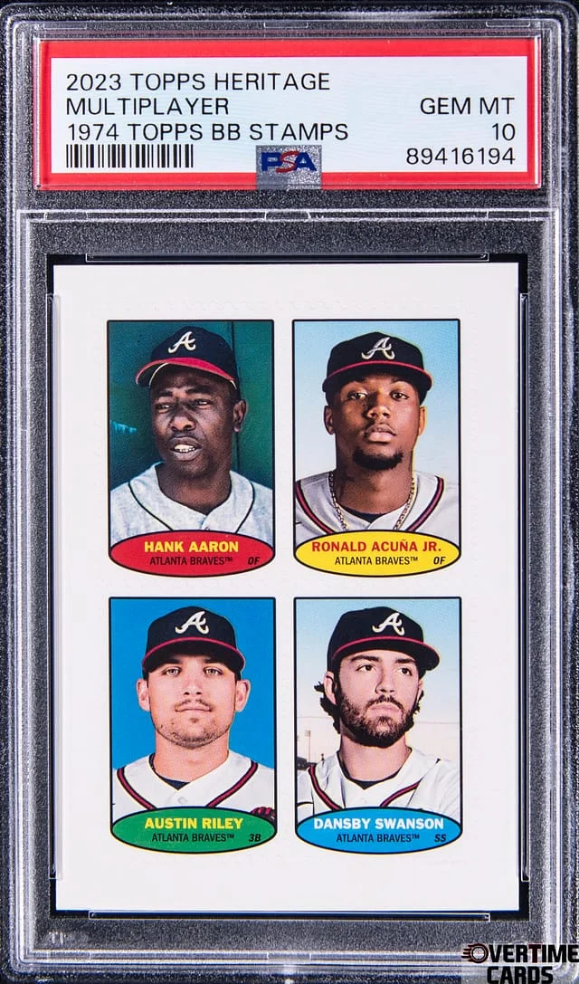 2023 Topps Heritage Topps Baseball Stamps Aaron/Acuna Jr/Riley/Swanson #1974 card image
