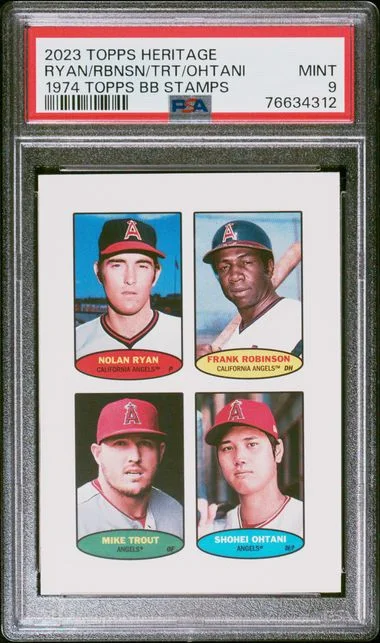 2023 Topps Heritage Topps Baseball Stamps Frank Robinson/Mike Trout/Nolan Ryan/Shohei Ohtani #1974 card image