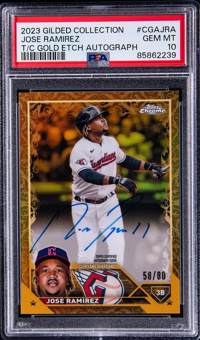 2023 Topps Jose Ramirez Gilded Collection Topps Chrome Gold Etch Autographs Yellow #CGAJRA card image