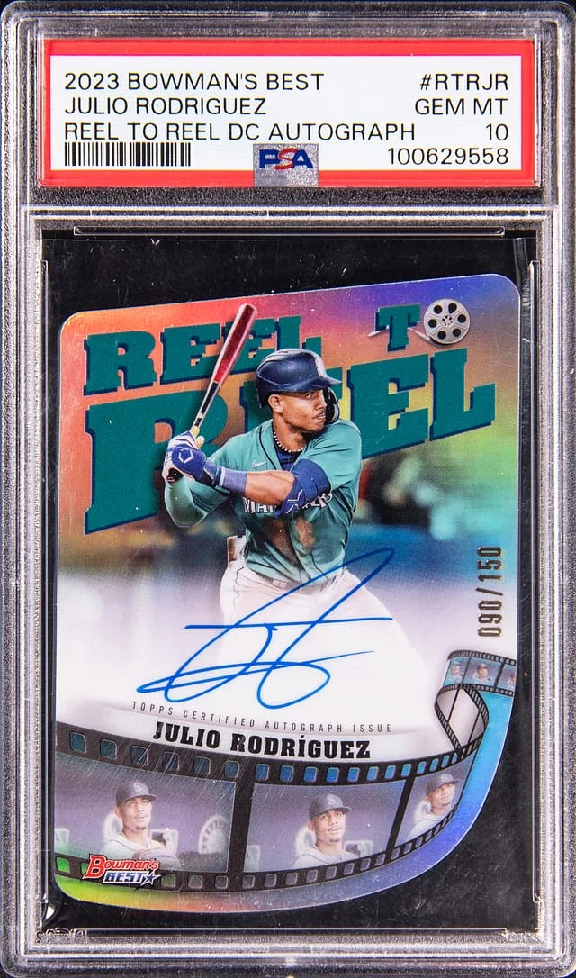 2023 Topps Julio Rodriguez Bowman's Best Reel To Reel Die-Cut Autograph #RTR-JR card image