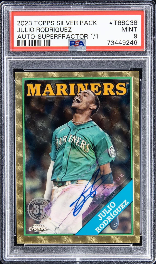2023 Topps Julio Rodriguez Silver Pack 1988 Chrome Promo Autographs SuperFractor #T88C-38 card image