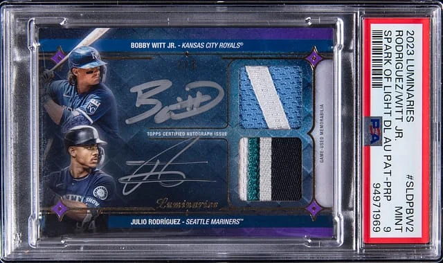 2023 Topps Julio Rodriguez/Bobby Witt Jr. Luminaries Spark of Light Dual Autograph Patch Purple #SLDP-BW2 card image