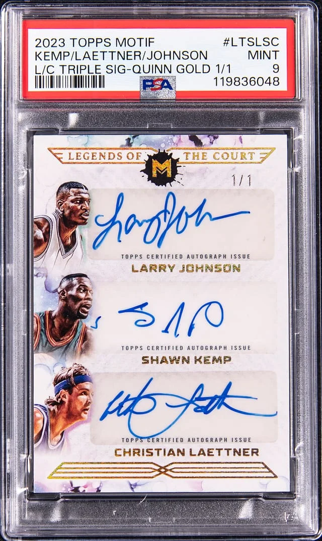 2023 Topps Larry Johnson/Shawn Kemp/Christian Laettner Triple Motif Legends of the Court Triple Signature Quinn Gold #LTS-LSC card image