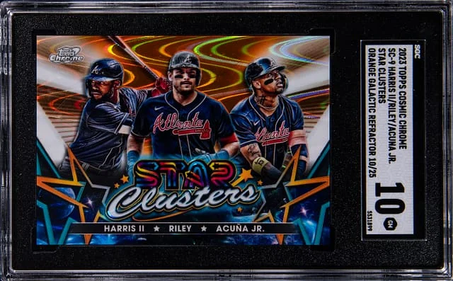 2023 Topps Michael Harris II/Austin Riley/Ronald Acuna Jr. Cosmic Chrome Star Clusters Orange Galactic Refractor #SC-9 card image