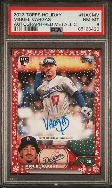 2023 Topps Miguel Vargas Holiday Autographs Red Metallic #HACMV card image