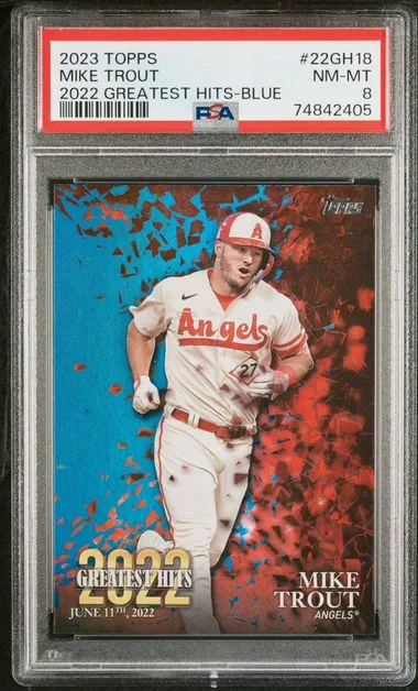 2023 Topps Mike Trout 2022 Greatest Hits Blue #22Gh18 card image