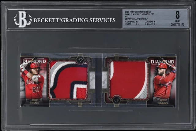 2023 Topps Mike Trout/Bryce Harper Game-Used Patch Booklet Diamond Icons Dual Player Relic Booklets Red #DPDR-TH card image