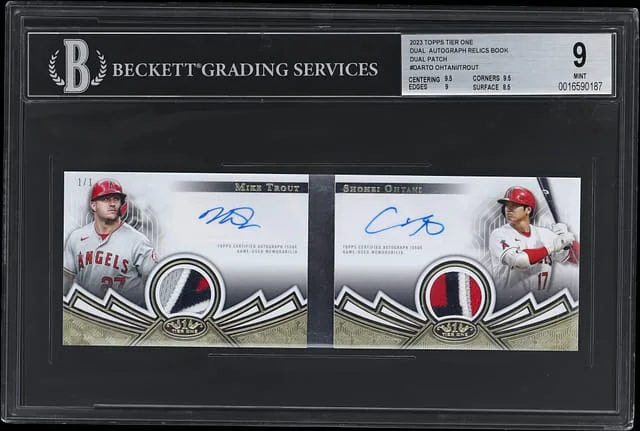 2023 Topps Mike Trout/Shohei Ohtani Tier One Dual Autograph Relics Book Dual Patch #DAR-TO card image