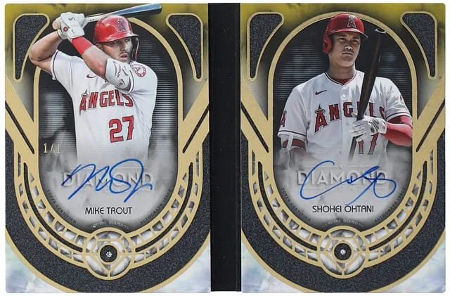 2023 Topps Mike Trout/Shohei Ohtani Multi-Signed Diamond Diamond Icons Dual Autographed Diamond Relic Book #DRBCA-TOH card image