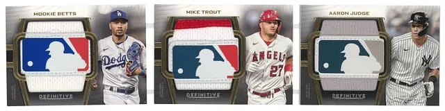 2023 Topps Mookie Betts/Mike Trout/Aaron Judge Game-Used Definitive Collection Triple MLB Silhouetted Batter Logo Patch Book #TMLB-BTJ card image