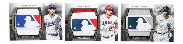 2023 Topps Mookie Betts/Mike Trout/Aaron Judge Patch Booklet Definitive Triple MLB Silhouetted Batter Logo #TMLB-BTJ card image