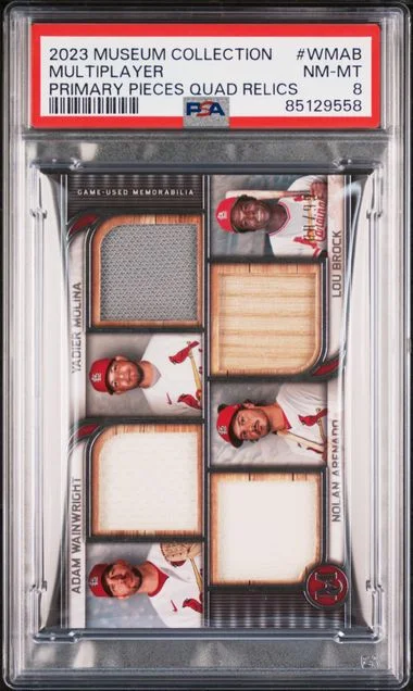 2023 Topps Museum Collection Adam Wainwright/Lou Brock/Nolan Arenado/Yadier Molina Game-Used Four-Player Primary Pieces Quad Relics #WMAB card image