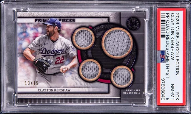2023 Topps Museum Collection Clayton Kershaw Primary Pieces Quad Relics Amethyst #SPPPQR-CK card image