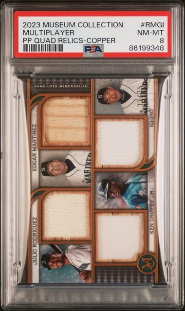 2023 Topps Museum Collection Edgar Martinez/Ichiro/Julio Rodriguez/Ken Griffey Jr. Game-Used Four-Player Primary Pieces Quad Relics Copper #RMGI card image