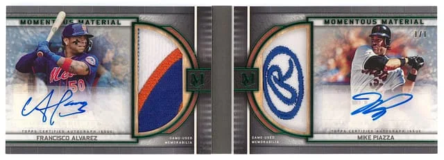 2023 Topps Museum Collection Francisco Alvarez/Mike Piazza Momentous Material Dual Jumbo Patch Autograph Book Card Emerald #MMDJPA-AP card image