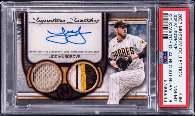 2023 Topps Museum Collection Joe Musgrove Signature Swatches Dual Relic Autograph Ruby #SWDRA-JM card image