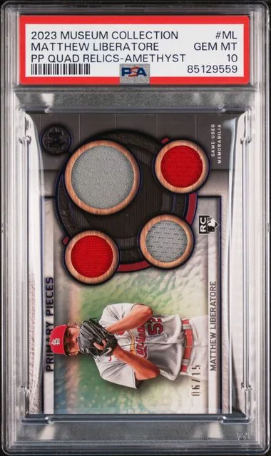 2023 Topps Museum Collection Matthew Liberatore Game-Used Single-Player Primary Pieces Quad Relics Amethyst #Ml card image