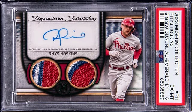 2023 Topps Museum Collection Rhys Hoskins Signatures Dual Relic Autograph Emerald #SWDRA-RH card image