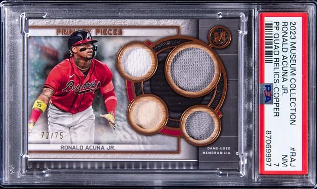 2023 Topps Museum Collection Ronald Acuna Jr. Momentous Material Jumbo Patch Autographs Ruby #RAJ card image