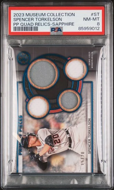 2023 Topps Museum Collection Spencer Torkelson Game-Used Single-Player Primary Pieces Quad Relics Sapphire #ST card image