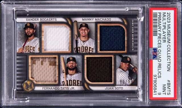 2023 Topps Museum Collection Xander Bogaerts/Manny Machado/Fernando Tatis Jr./Juan Soto Primary Pieces Quad Relics #FPQR-BMTS card image