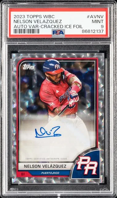 2023 Topps Nelson Velazquez World Baseball Classic Autograph Variations Cracked Ice Foil #AV-NV card image