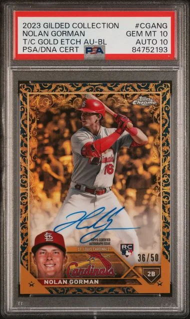 2023 Topps Nolan Gorman Gilded Collection Topps Chrome Gold Etch Autographs Blue #CGA-NG card image