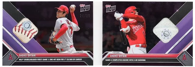 2023 Topps Now Shohei Ohtani Game-Used Dual Relic Booklet Purple #625B1 card image