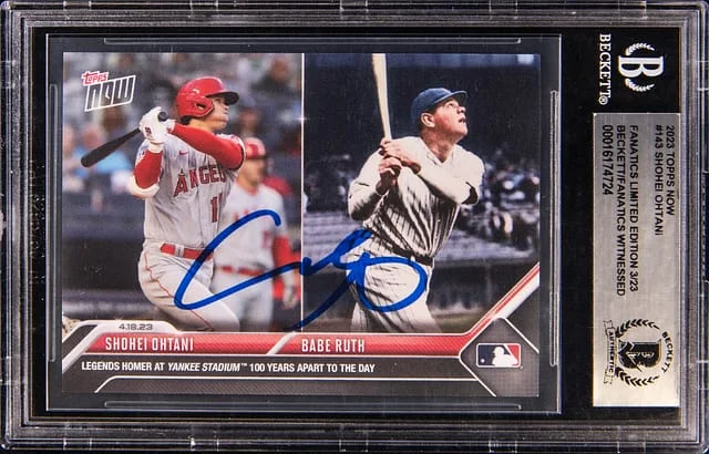 2023 Topps Now Shohei Ohtani/Babe Ruth Card, Fanatics Limited Edition Autograph #143 card image