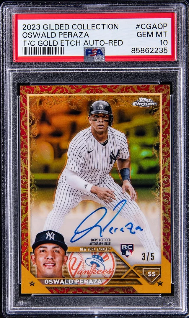 2023 Topps Oswald Peraza Gilded Collection Topps Chrome Gold Etch Autographs Bliue #CGAOP card image
