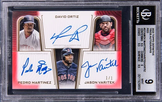 2023 Topps Pedro Martinez/David Ortiz/Jason Varitek Multi-Signed Definitive Collection Trios Autographs Red #DTA-MOV card image