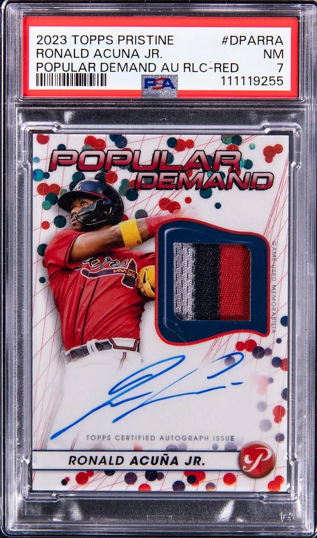 2023 Topps Ronald Acuna Jr. Pristine Popular Demand Autograph Relic Red #DPAR-RA card image