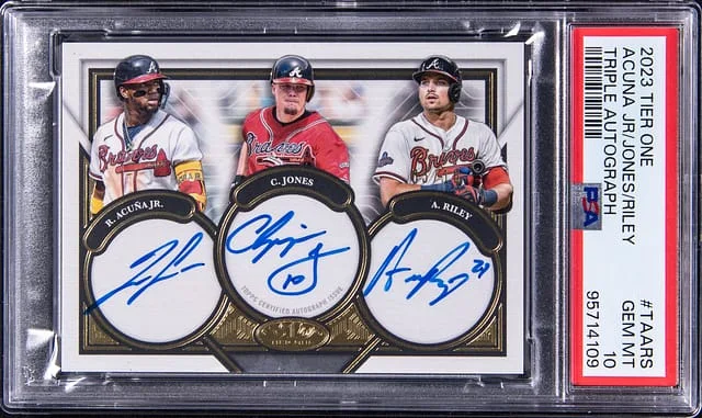2023 Topps Ronald Acuna Jr./Chipper Jones/Austin Riley Tier One Triple Autograph #TA-ARS card image