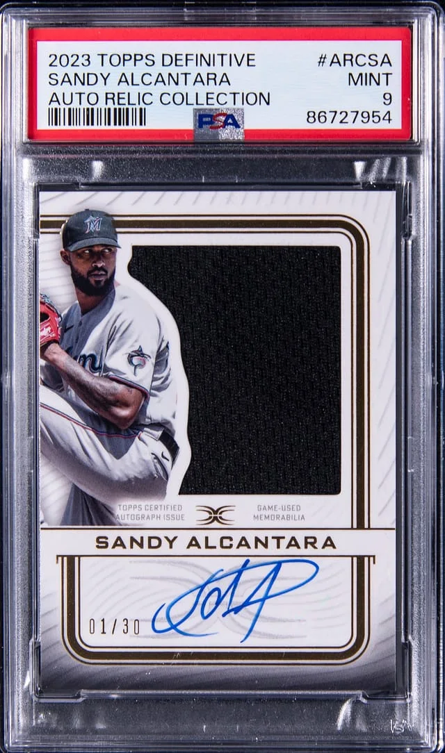 2023 Topps Sandy Alcantara Definitive Collection Autograph Relic #ARCSA card image