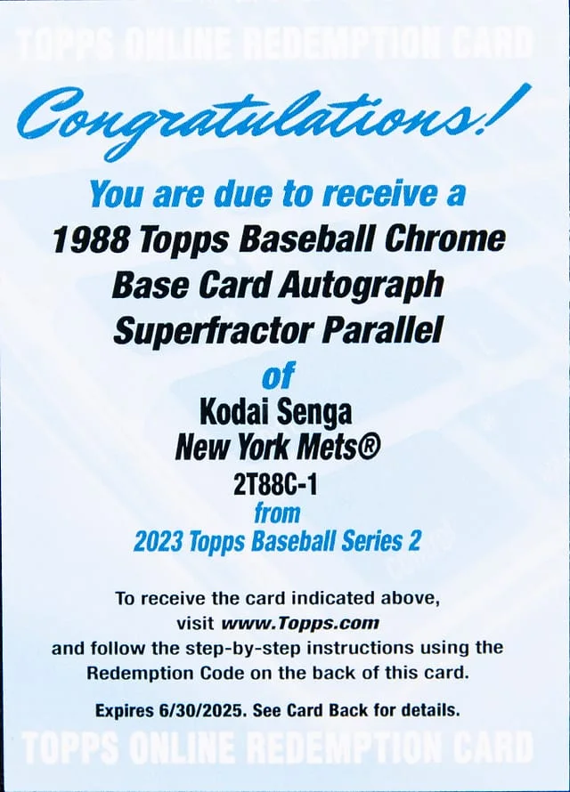 2023 Topps Series 2 Kodai Senga 1988 Topps Chrome Base Autograph Superfractor Parallel Redemption Card #2T88C-1 card image