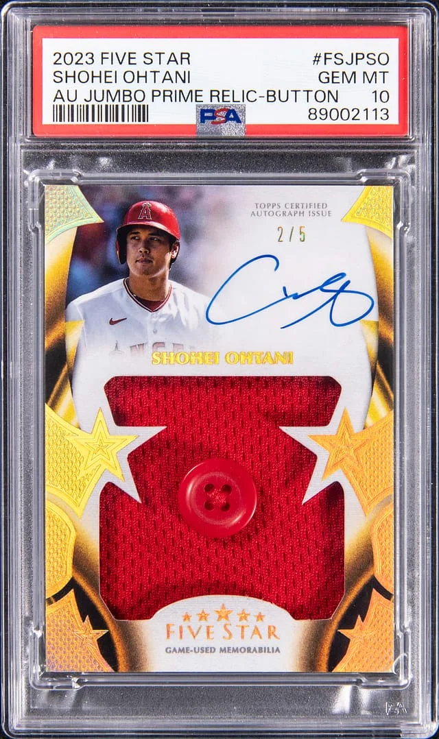 2023 Topps Shohei Ohtani Five Star Autograph Jumbo Prime Relic Button #FSJP-SO card image