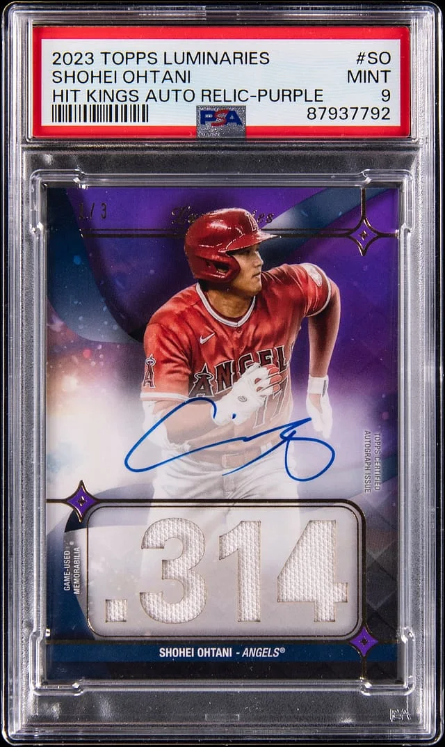 2023 Topps Shohei Ohtani Luminaries Hit Kings Autograph Relic Purple #HKAR-SO card image
