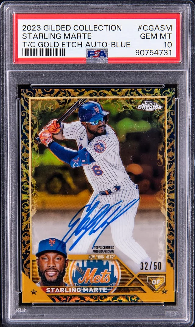 2023 Topps Starling Marte Gilded Collection Chrome Gold Etch Autograph Blue #CGASM card image