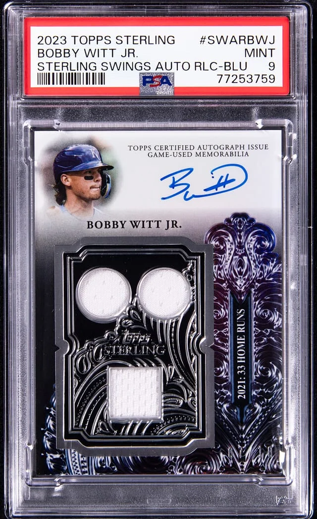 2023 Topps Sterling Bobby Witt Jr. Swings Autograph Relic Blue #SWARBWJ card image