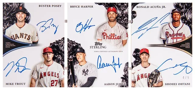 2023 Topps Sterling Buster Posey/Mike Trout/Bryce Harper/Aaron Judge/Ronald Acuna Jr./Shohei Ohtani Multi-Signed Sterling Sets Autographed Rookies Of The Year Book Card #SSABC-PTHJAO card image