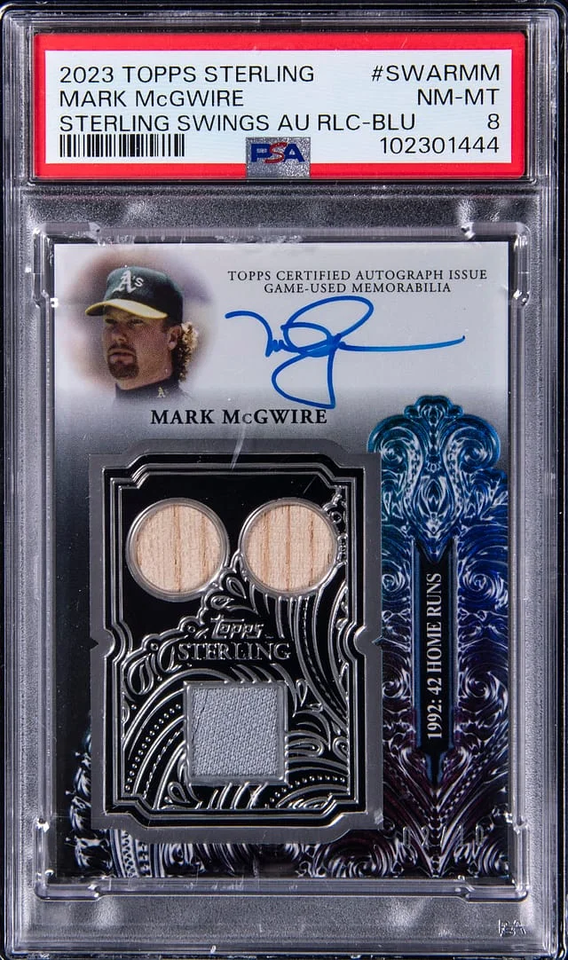 2023 Topps Sterling Mark McGwire Sterling Swings Autograph Relic Blue #SWARMM card image
