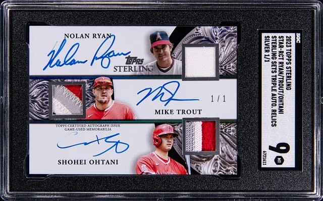 2023 Topps Sterling Nolan Ryan/Mike Trout/Shohei Ohtani Multi-Signed Game-Used Sets Triple Autograph Relics Silver #STAR-BCT card image