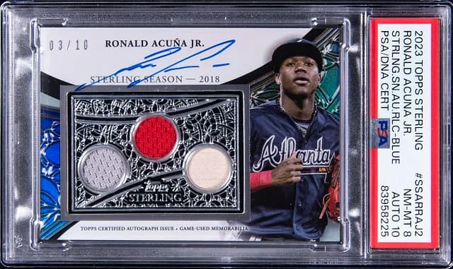 2023 Topps Sterling Ronald Acuna Jr. Sterling Season Autograph Relic-Blue #SSARRAJ2 card image
