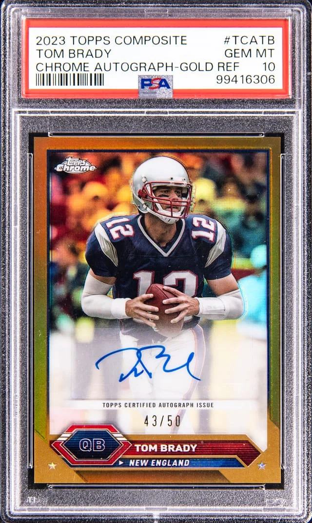 2023 Topps Tom Brady Composite Chrome Autograph Gold Refractor #TCATB card image