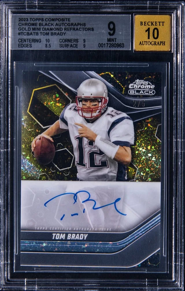 2023 Topps Tom Brady Composite Chrome Black Autographs Gold Mini Diamond Refractor #TCBA-TB card image