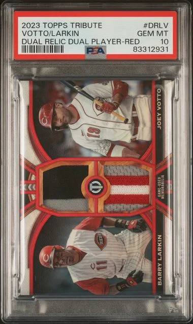 2023 Topps Tribute Barry Larkin/Joey Votto Tribute Dual Relics Dual Player Red #DRLV card image