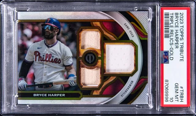 2023 Topps Tribute Bryce Harper Triple Relics Gold #TRBH card image