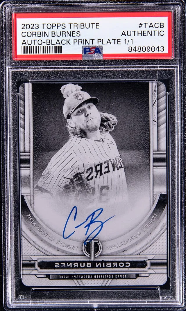 2023 Topps Tribute Corbin Burns Autograph Black Printing Plate 1/1 #TACB card image